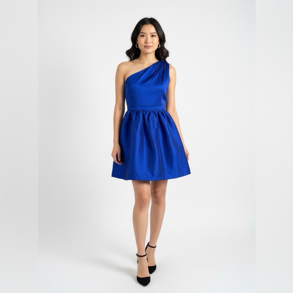 Alfred Sung Dress‎ 10 Blue One Shoulder Cocktail Lined Flare Knee Length Party